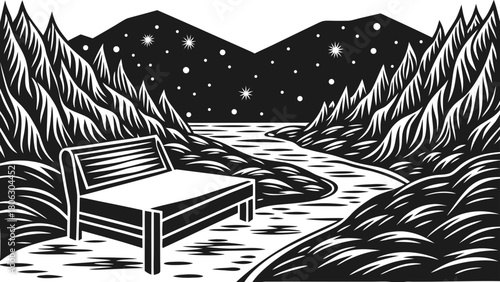 A solitary bench overlooks a winding river and majestic mountains under a starry night sky