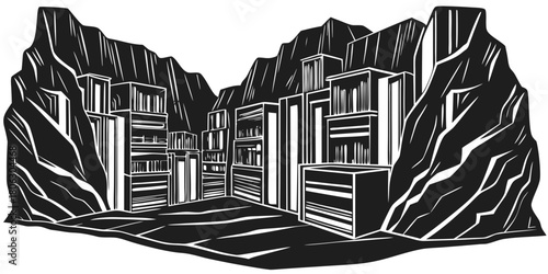 Ancient city carved into rocky mountainside with geometric buildings