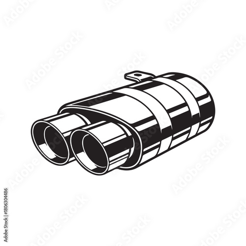 Car exhaust muffler vector icon. Automotive dual pipe silencer illustration. Vehicle exhaust system part isolated on white background. Monochrome retro style auto spare part.
