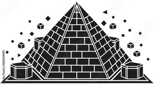 Stylized pyramid structure with floating cubes and geometric shapes on a dark background