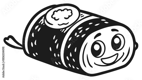 Cute cartoon sushi roll character with a happy face and a brain illustration