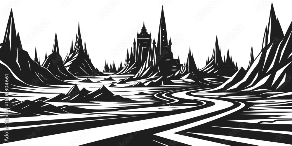 Naklejka premium Dark fantasy landscape with a winding road leading to a mysterious castle silhouette