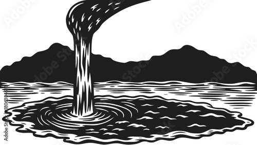 Stylized waterfall cascading into a lake with mountains in the background