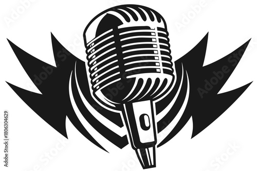 Vintage microphone with abstract sound waves or wings on black background