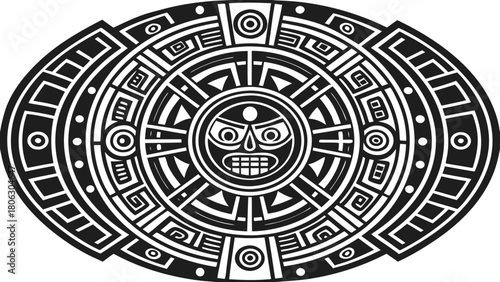 Intricate aztec sun stone calendar symbol with skull face in center on black background