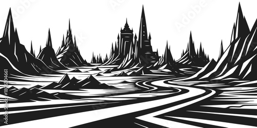 Dark fantasy landscape with a winding road leading to a mysterious castle silhouette