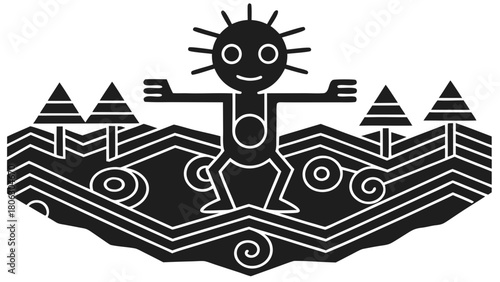 Stylized ancient petroglyph figure with sun rays standing in a landscape with trees and swirling patterns