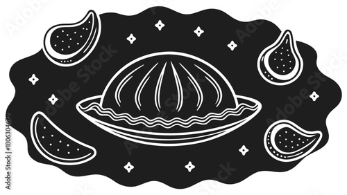 Whimsical outline drawing of a pie with watermelon slices and stars on a dark background