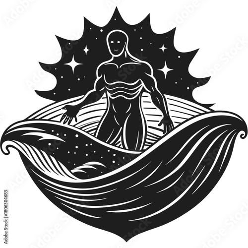 Mysterious humanoid figure emerges from swirling cosmic fabric under starry sky