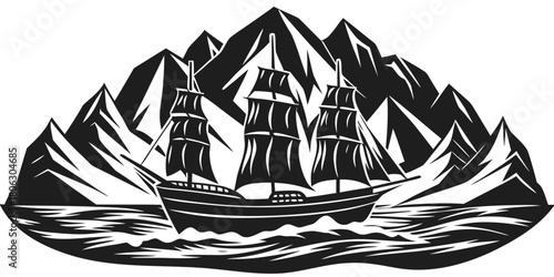 Silhouette of a majestic tall ship sailing on rough seas with dramatic mountain peaks in the background