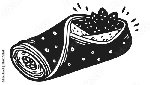 Hand drawn sketch of a delicious burrito filled with ingredients isolated on black background