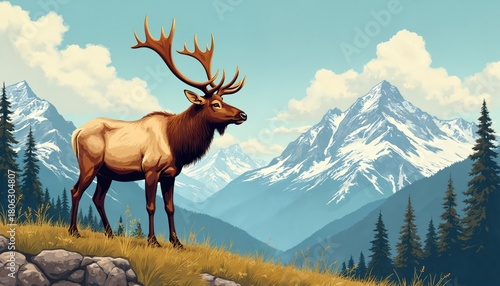 Elk stands on grassy hill with rocky foreground. Snow capped mountains form background with pine trees. Majestic animal in wild nature setting under blue sky.