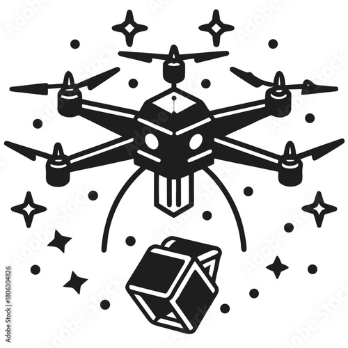 Stylized drone delivering a package with stars and dots on black background