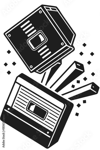 Retro video game cartridges and console with abstract digital elements