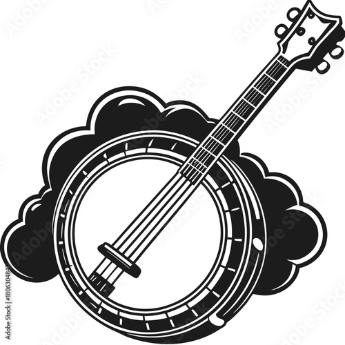 Stylized banjo silhouette with cloud elements on a dark background