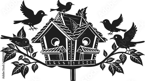 Charming silhouette of birds perched on and flying around a rustic wooden birdhouse