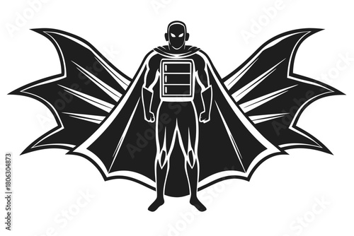 Superhero with bat wings and battery symbol on chest