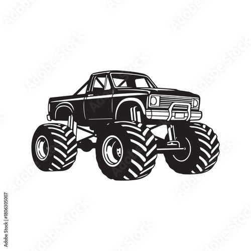 Monster truck silhouette vector illustration. Big wheel off road vehicle isolated on white background. Heavy pickup car with giant tires icon.

