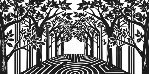 Stylized dark forest path with geometric patterns leading into darkness
