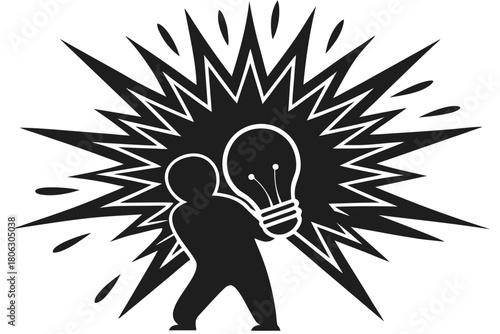 Person holding a bright idea light bulb with an explosion of energy behind them