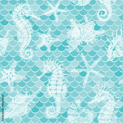  Seamless background with  seahorses, shells, nautilus,  starfish on waves. Art marine background. Vector. Perfect for design templates, wallpaper, wrapping, fabric, print and textile. 