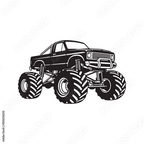 Monster truck silhouette vector illustration. Big wheel off road vehicle isolated on white background. Heavy pickup car with giant tires icon.
