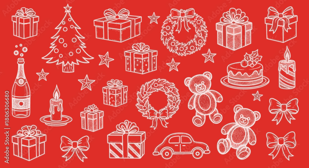 Naklejka premium Festive Christmas pattern with gifts, tree, wreaths, cake, champagne, candles, teddy bears, car, stars, and bows on a red background.