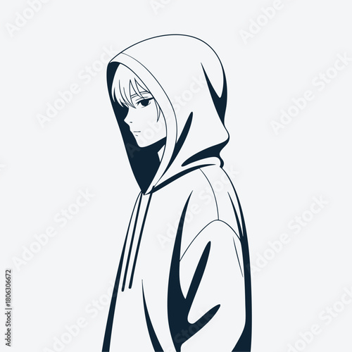 Minimalist Anime Boy in Hoodie Black and White Profile Illustration