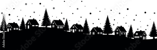 Cozy snowy village houses and pine trees in black silhouette art