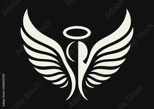 Black and white illustration of an angel with halo her head