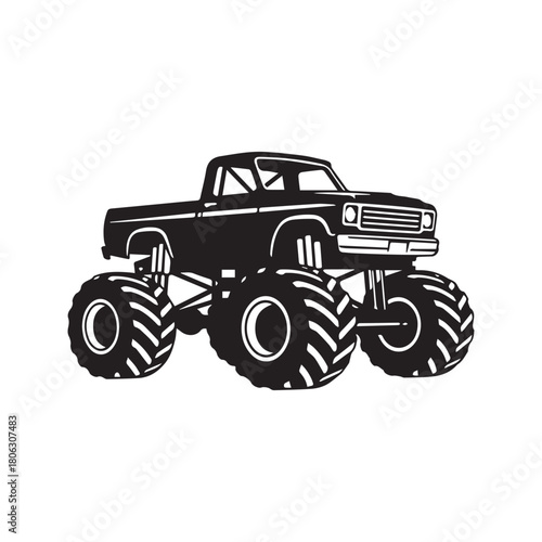 Monster truck silhouette vector illustration. Big wheel off road vehicle isolated on white background. Heavy pickup car with giant tires icon.
