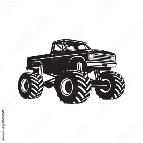 Monster truck silhouette vector illustration. Big wheel off road vehicle isolated on white background. Heavy pickup car with giant tires icon.
