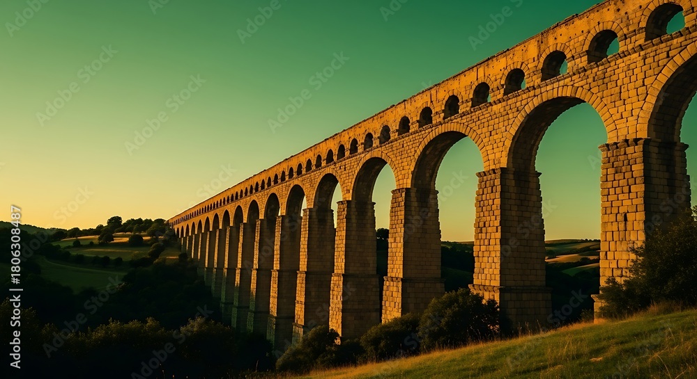 Fototapeta premium Ancient Roman Aqueduct Bridge Spanning a Valley at Sunset.
