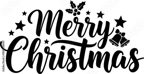 Merry christmas script lettering festive bells and holly design