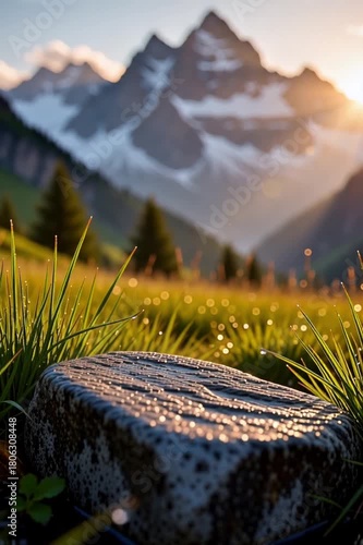 Rocky stone in grassy field with mountains and sunset in background  