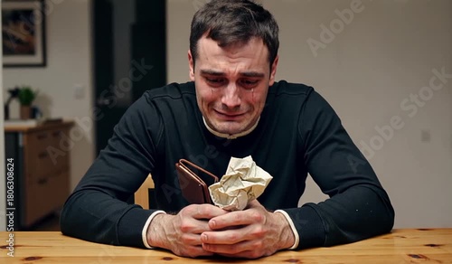 An emotional man is crying, holding crumpled paper and a purse in his hands.