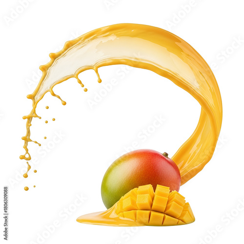 Vibrant mango burst: A splash of tropical refreshment in a dynamic composition displaying fruit and juice