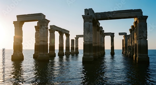 Ancient ruins submerged in water at sunset, Greece.