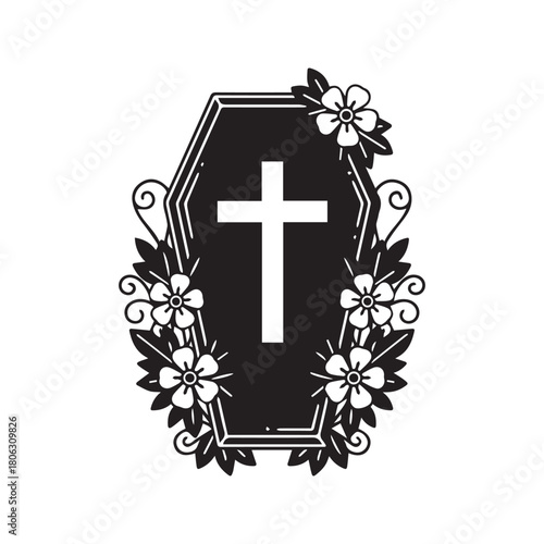 Coffin with cross and flowers vector illustration. Funeral casket silhouette with floral wreath isolated on white background. Death and memorial symbol.
