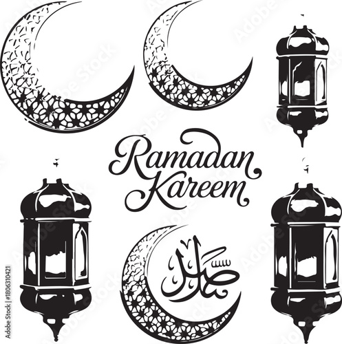 Ramadan Kareem decorative set with crescent moons and traditional lanterns for Islamic celebration