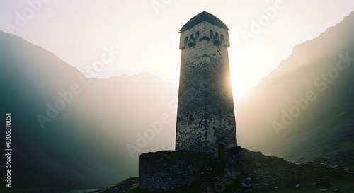 Ancient Stone Tower in Svaneti, Georgia, Bathed in Golden Sunlight at Dawn.