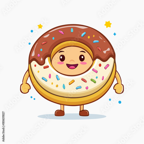 Happy donut mascot with chocolate and vanilla frosting, decorated with sprinkles. Suitable for bakery logos, cute food art, and kawaii designs.