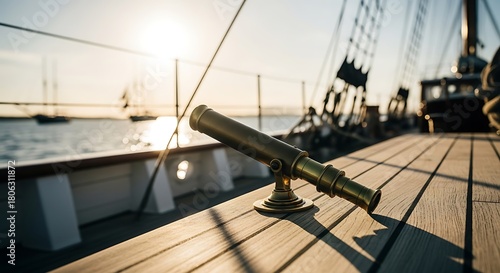 Antique telescope on a wooden deck of a sailing ship at sunset.