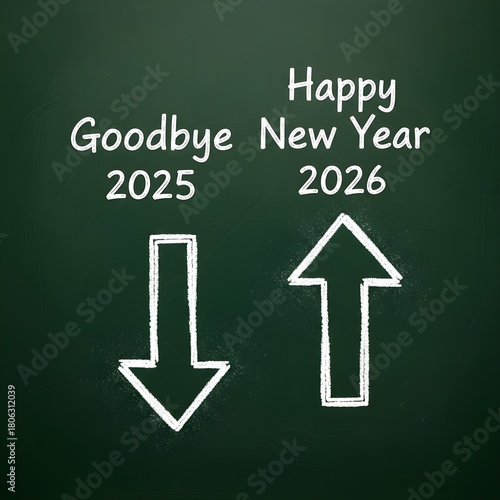 Goodbye 2025 Happy New Year 2026 Arrows Concept on Chalkboard