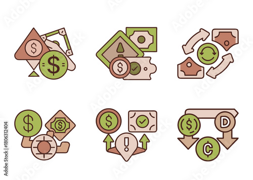 Set of six minimalist financial concepts and icons illustration vector design