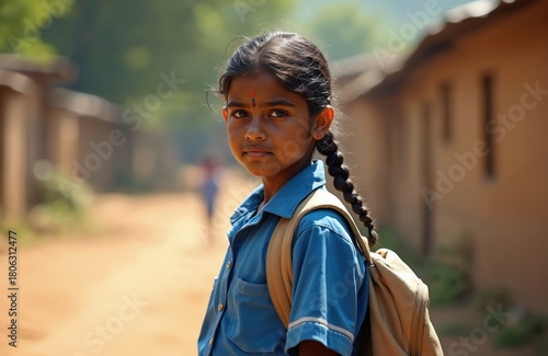 Young Indian girl walks to school with backpack. She wears blue uniform in rural village. Child smiles on dirt road, ready for education. She carries books for learning.