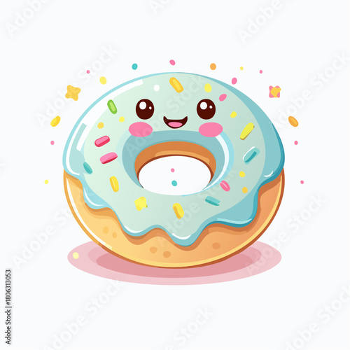 Adorable pastel donut character with sweet facial expression and sprinkles all around. Ideal for cute food graphics and kids’ illustrations.
