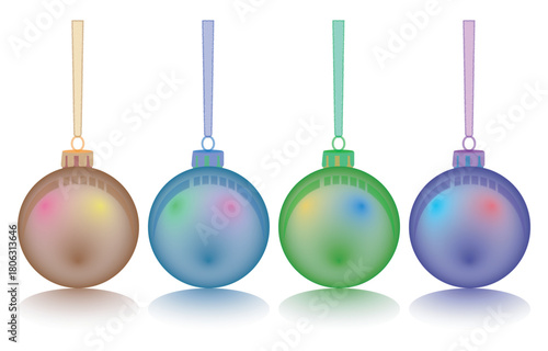 Colorful spherical ornaments hanging in a row reflecting light and shadows