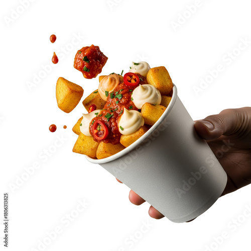 Delectable Patatas Bravas in Mid-Air: A Culinary Delight Displaying Spanish Gastronomy's Creativity