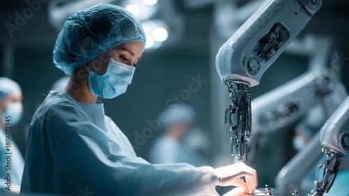 A female doctor performing a high-tech surgery in an operating room using a robotic arm, showcasing advanced medical technology, precision, and innovation.